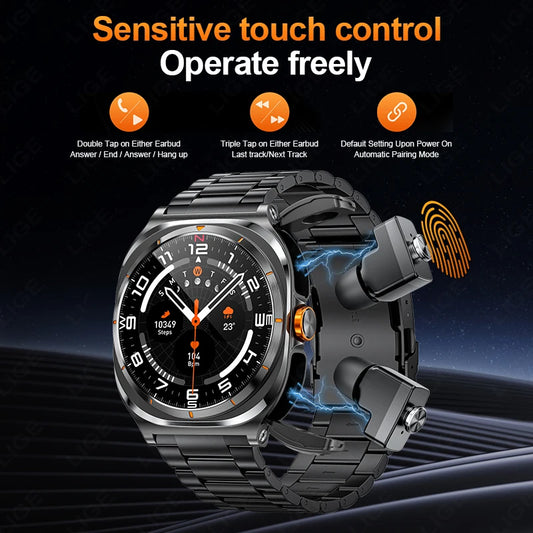 LIGE 2 In 1 Smart Watch With Earbuds TWS Bluetooth Earphone Heart Rate Blood Pressure Sport Fitness Smartwatch Music Watch Men